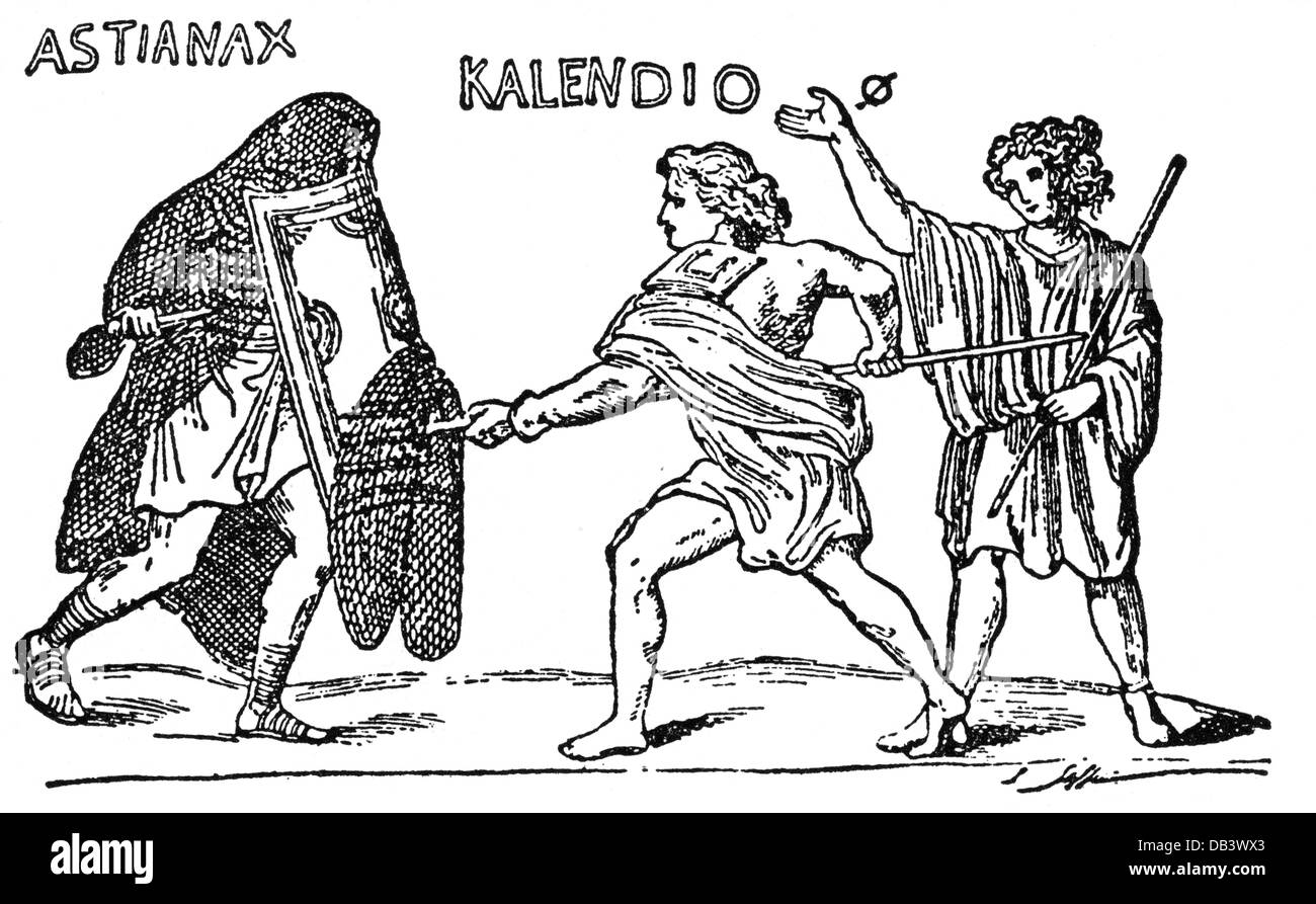 ancient world, Roman Empire, gladiators, duel of the Secutor Astyanax against the Retiarius Kalendio, after mosaic, via Appia, early 4th century AD, drawing, 19th century, referee, ref, referees, shield, shields, Scutum, leg protection, fights, net, nets, trident, game, games, fighting, fight, ancient world, ancient times, gladiator, gladiators, duel, duels, mosaic, mosaics, historic, historical, ancient world, men, man, male, people, Additional-Rights-Clearences-Not Available Stock Photo