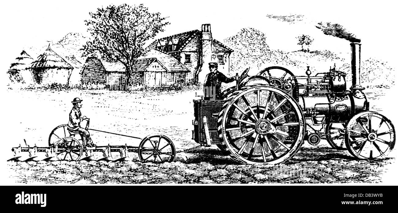 agriculture, machines, plough pulled by steam engine, drawing, 19th