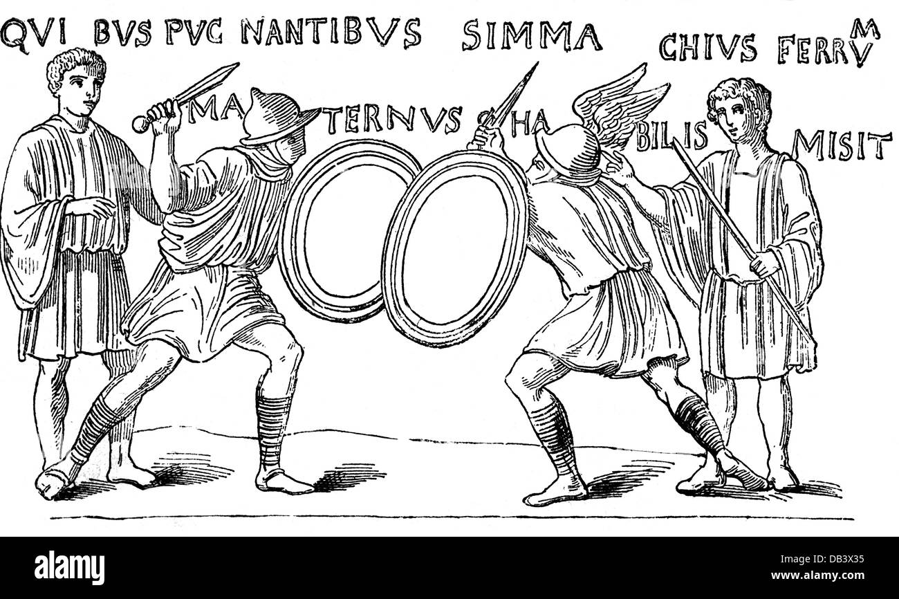 ancient world, Roman Empire, gladiators, duel of dismounted Equites, aside two referees, drawing, 19th century, after ancient illustration, fights, sports, Equitus, game, games, Parma equestris, shield, shields, helmets, winged helmet, fighting, fight, ancient world, ancient times, gladiator, gladiators, duel, duels, aside, beside it, referee, ref, referees, historic, historical, ancient world, men, man, male, people, Additional-Rights-Clearences-Not Available Stock Photo