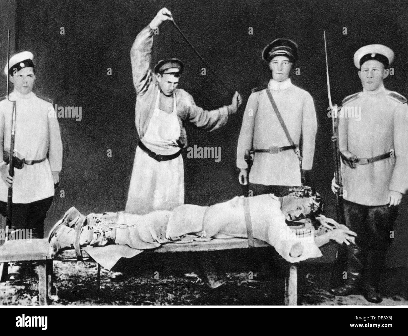 justice, penitentiary system, flogging, fustigation of a convict in Malzewska prison before the deportation to Siberia, circa 1900, Additional-Rights-Clearences-Not Available Stock Photo