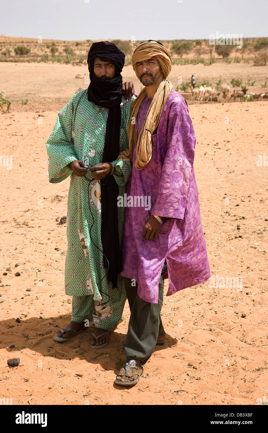 Two Malian Tuareg village men from north east Mali in traditional ethnic clothes,  West Africa Stock Photo