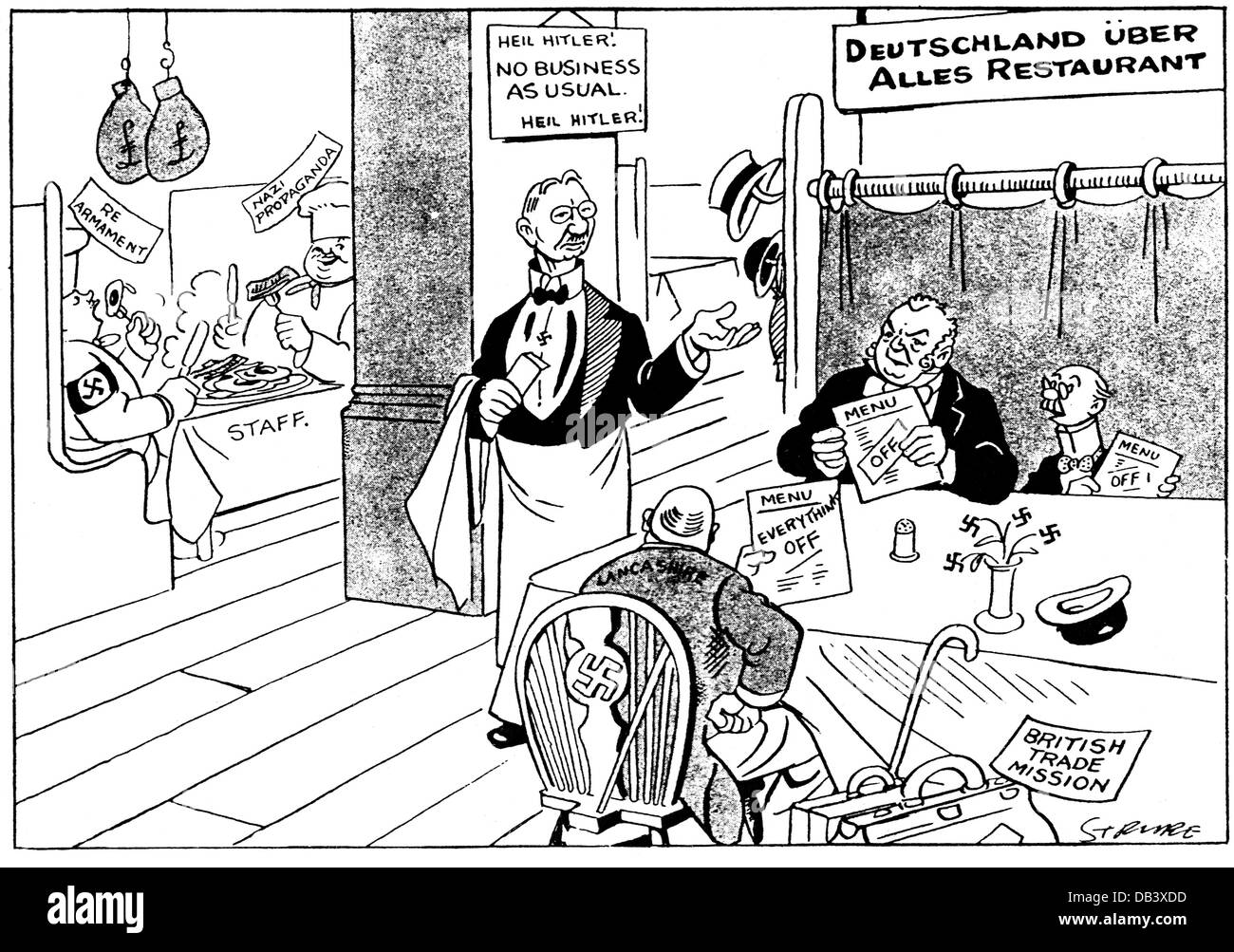 Schacht, Hjalmar, 22.1.1877 - 13.6.1970, German politician, caricature, serving as waiter the British commercial mission, out of: 'Daily Mail', London, 17.9.1933, Stock Photo