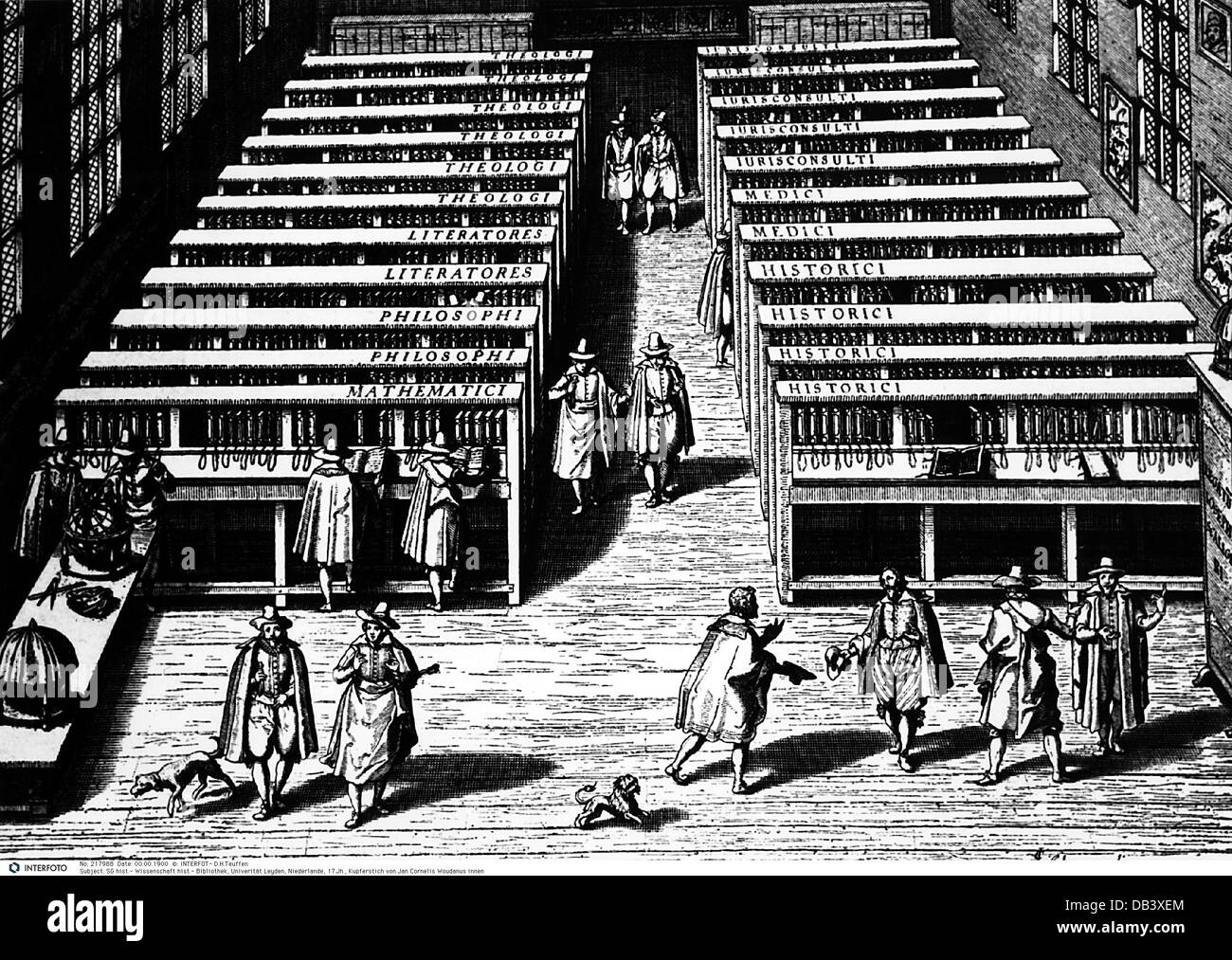 science, library, Leyden University, Netherlands, copper engraving by Jan Cornelis Woudanus, 17th century, interior view, interior, inner, inside, inwards, inward, educational facility, facilities, education, science, sciences, library, libraries, university, universities, historic, historical, Dutch, people, Additional-Rights-Clearences-Not Available Stock Photo