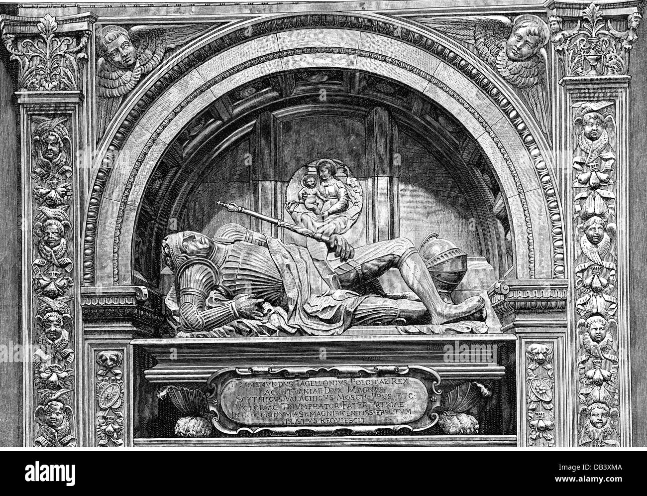 Sigismund I 'the Old',1466 - 1.4.1548, King of Poland 19.8.1507 - 1.4.1544, grave, cathedral of Krakow, wood engraving, 19th century, Stock Photo