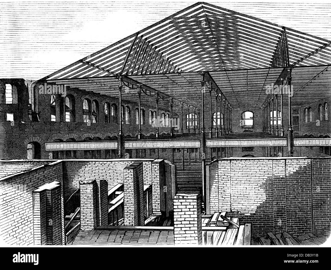 industry, textiles, Aktienspinnerei Chemnitz, top floor and attic, interior view, wood engraving, 1861, Additional-Rights-Clearences-Not Available Stock Photo