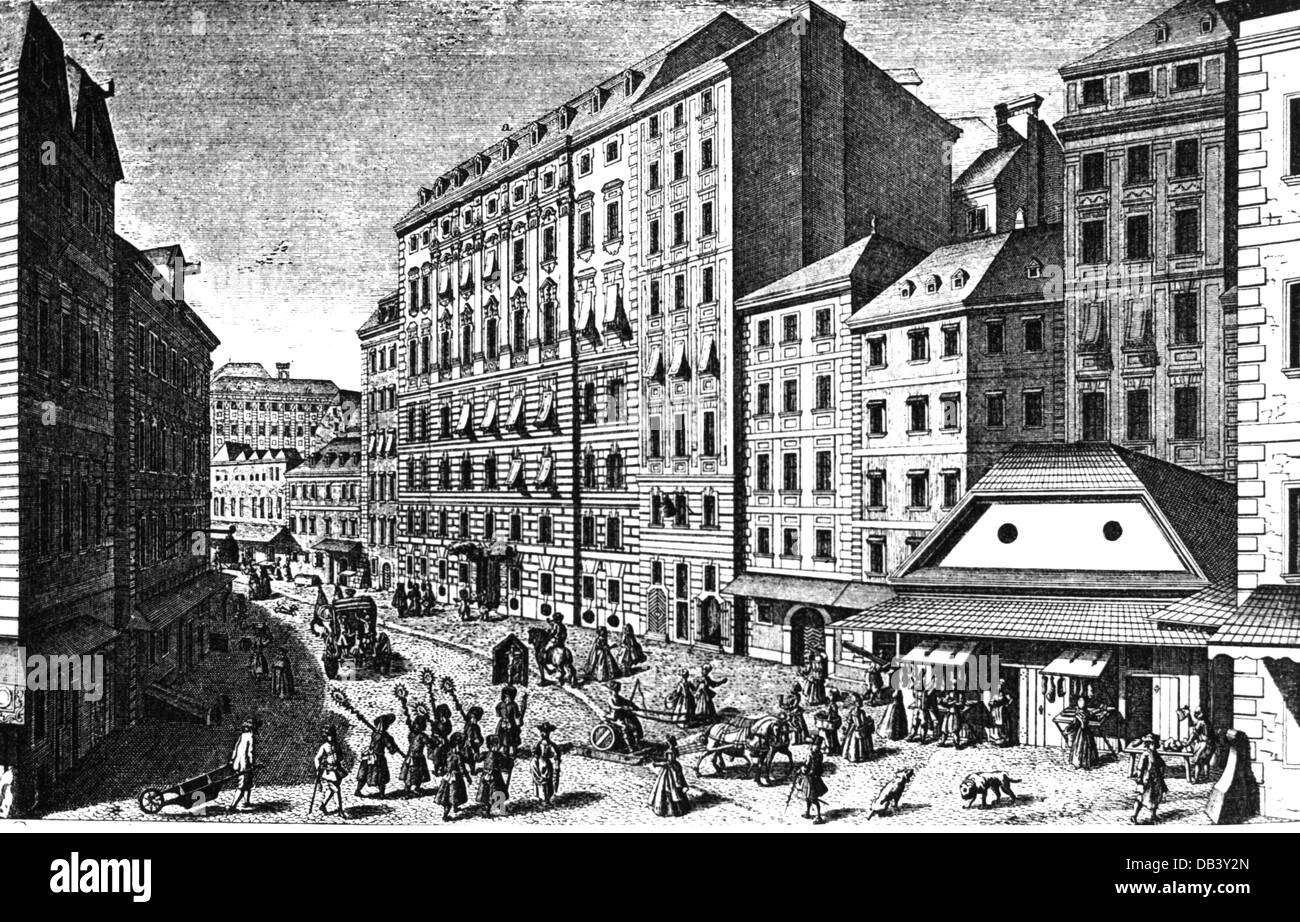 geography / travel, Austria, Vienna, streets, Tiefer Graben, copper engraving by J. A. Ringlin after drawing by Salomon Kleiner, early 18th century, street, streets, people, transport, transportation, inner city, midtown, city centre, town centre, urban core, 1st district, Archduchy of Austria, Holy Roman Empire, Central Europe, historic, historical, Artist's Copyright has not to be cleared Stock Photo