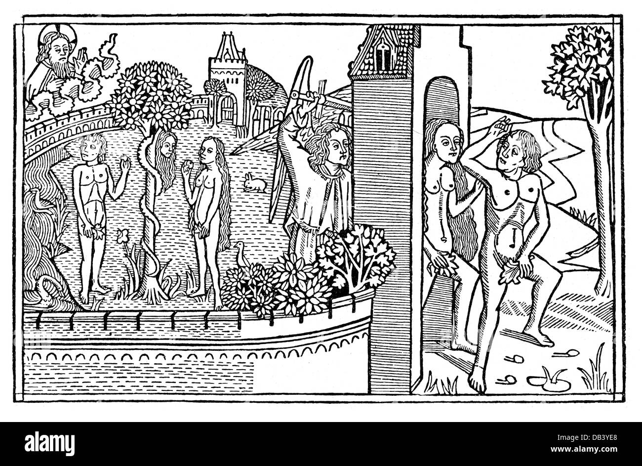 religion, biblical scenes, Adam and Eve, the Fall of Man and the expulsion from paradise, woodcut, Cologne Bible, 1479, Additional-Rights-Clearences-Not Available Stock Photo