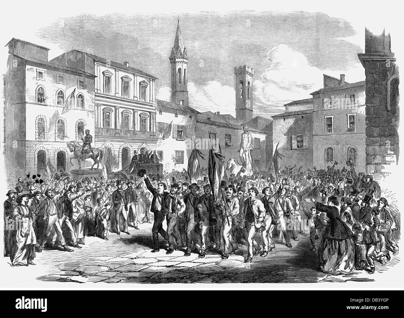 Italy, Wars of Italian Independence, volunteers of Giuseppe Garibaldi's army at the Piazza dell'Indipendenza, Florence, 1866, Additional-Rights-Clearences-Not Available Stock Photo