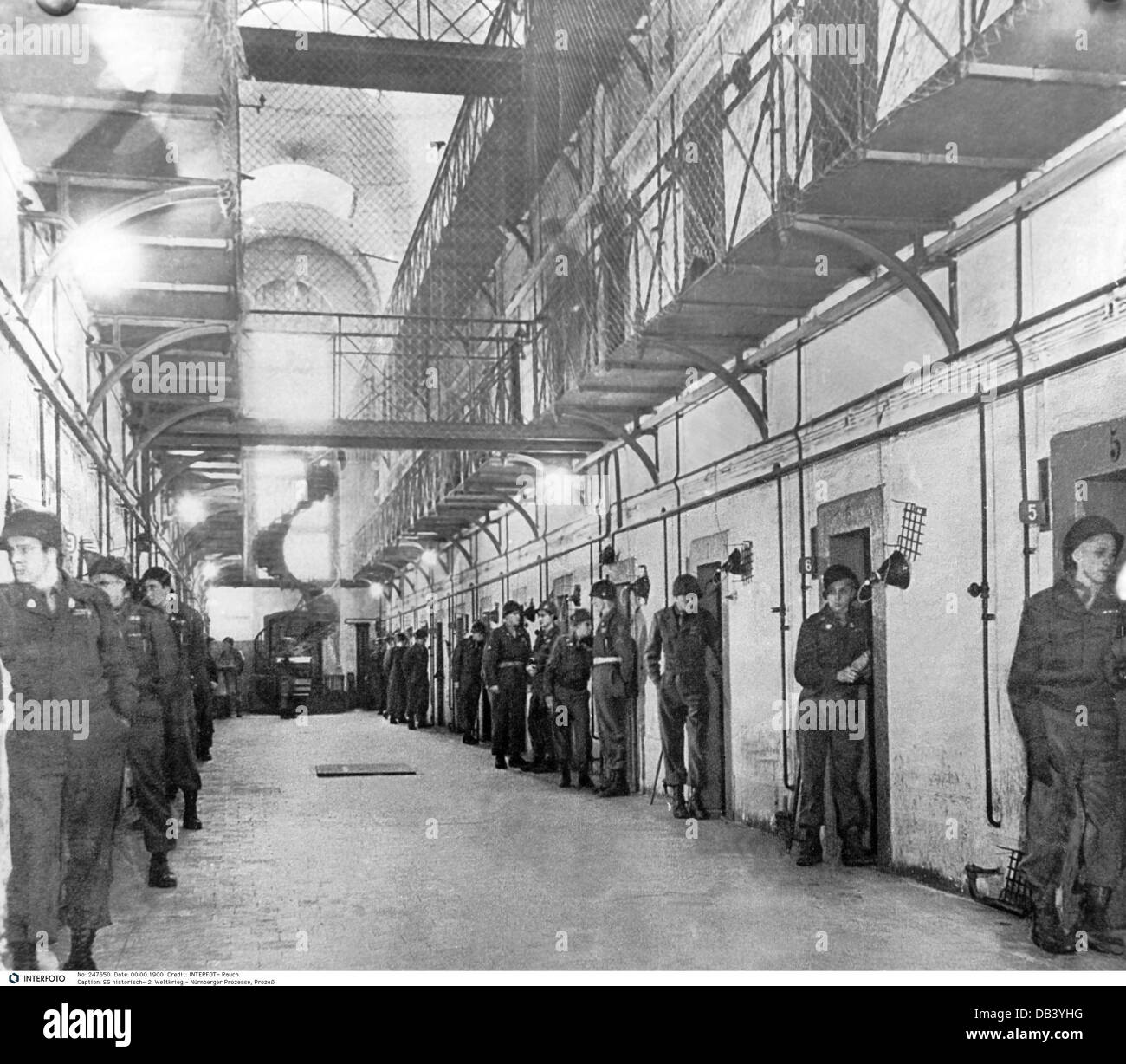 justice, lawsuits, Nuremberg Trials, trial against main war criminals, prison cells of the defendants, guards outside of the cells, after the suicide of Robert Ley, 1945 / 1946, Additional-Rights-Clearences-Not Available Stock Photo