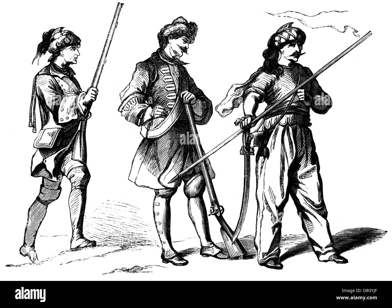 military, France, soldiers, dragoon and lancer of the Volontaires de Saxe, grenadier, circa 1750, wood engraving, circa 1870, soldiers, soldier, infantry, cavalry, weapons, arms, weapon, arm, rifle, gun, rifles, guns, sabre, sabres, lance, lances, uniform, uniforms, army, armies, armed forces, 18th century, historic, historical, people, Additional-Rights-Clearences-Not Available Stock Photo