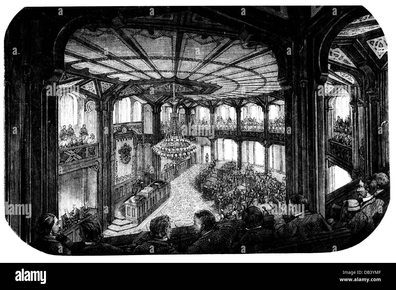 geography / travel, Norway, Oslo (Kristiana), Shorthing (parliament), interior view, assembly hall, wood engraving, circa 1870, Additional-Rights-Clearences-Not Available Stock Photo