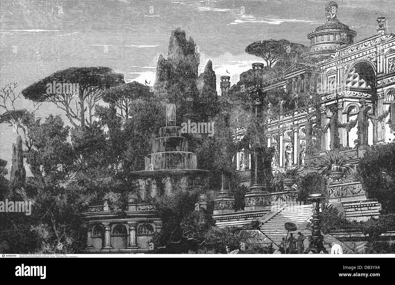 ancient world, Roman Empire, architecture, splendid Roman palace, reconstruction, wood engraving, 19th century, fountain, fountains, magnificent building, marvellous, marvelous, palace, palaces, exterior view, reconstruction, ancient world, ancient times, historic, historical, ancient world, people, Additional-Rights-Clearences-Not Available Stock Photo