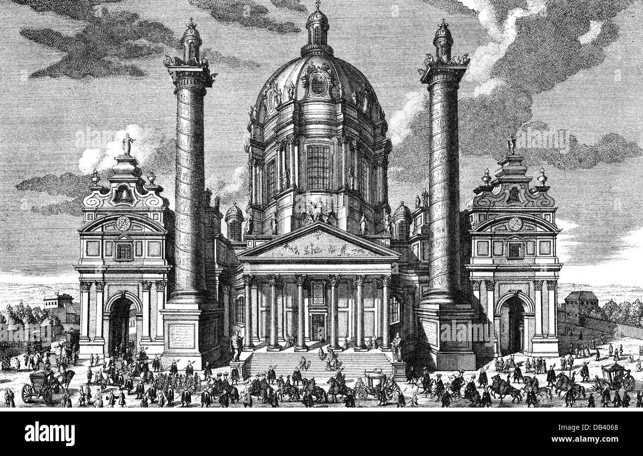 geography / travel, Austria, Vienna, churches, St. Charles' Church, built 1715 - 1737, architects: Johann Bernhard Fischer von Erlach and Joseph Emanuel Fischer von Erlach, exterior view, copper engraving by Hieronymus Sperling after drawing by Salomon Kleiner, circa 1740, architecture, baroque, Saint Charles Borromeo, Catholic Church, religion, religions, Christianity, people, procession, Archduchy of Austria, Holy Roman Empire, Central Europe, 18th century, historic, historical, Artist's Copyright has not to be cleared Stock Photo