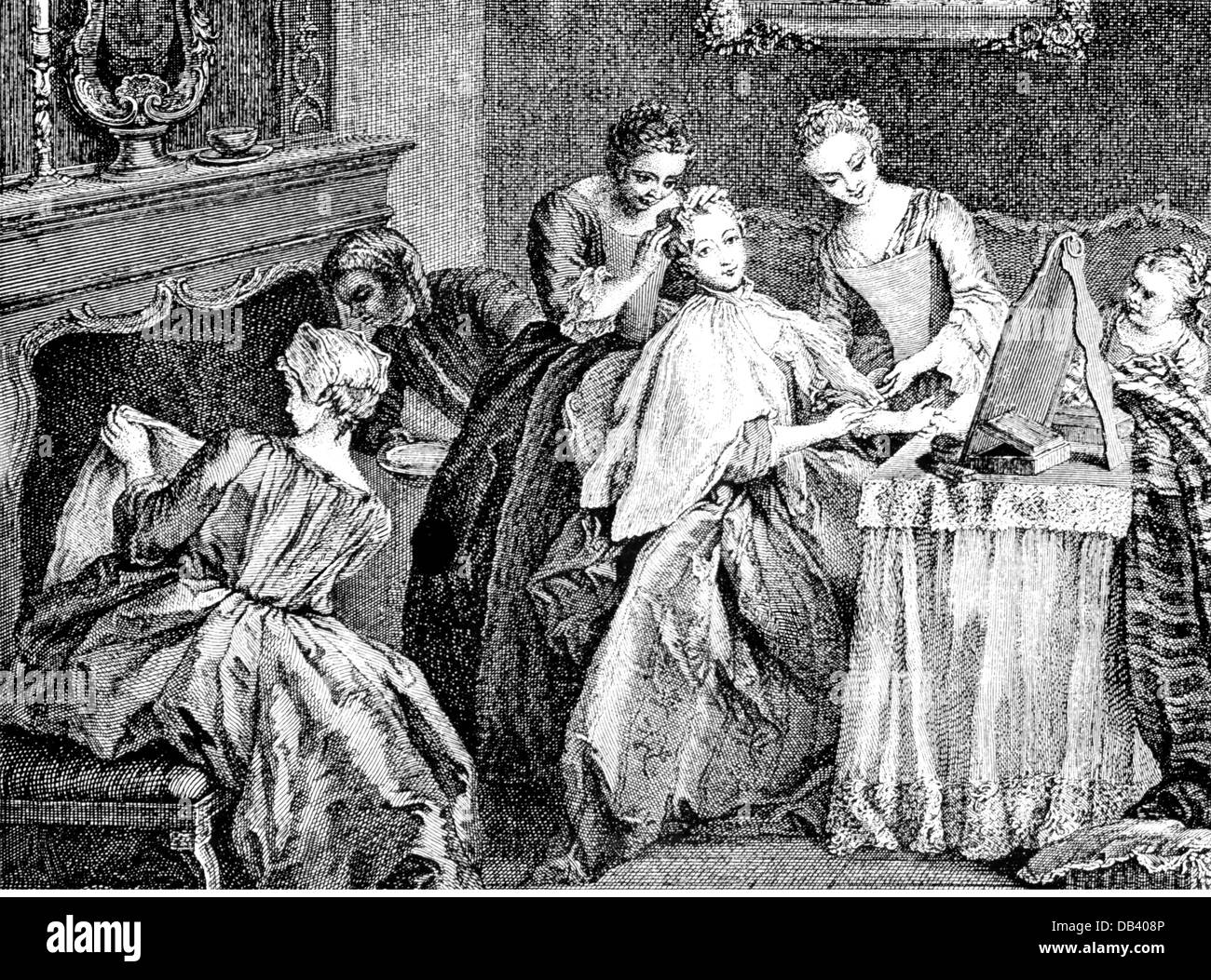 cosmetics, toilet of a lady, after painting by Jean-Baptiste Pater (1695 - 1736), copper engraving, France, 18th century, 18th century, graphic, graphics, beauty care, half length, sitting, sit, make-up table, dressing table, make-up tables, dressing tables, mirror, mirrors, cape, capes, hair, hair style, hairstyle, hairdo, haircut, hair styles, hairstyles, haircuts, hair care, maidservant, make oneself up, making up, make up, Jean - Baptiste, cosmetics, cosmetic, lady, ladies, historic, historical, woman, women, female, people, Artist's Copyright has not to be cleared Stock Photo