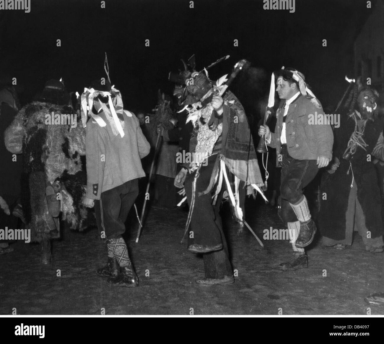 festivities, Perchtenlaufen, Perchten with and without wooden masks performing the traditional dance, Kirchseeon, 1954, Additional-Rights-Clearences-Not Available Stock Photo