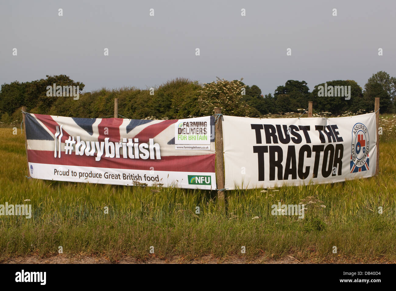Roadside Field publicity banner, extolling merits of British farming. 'BUYBRITISH'. Farming Delivers for Britain.  NFU. Stock Photo