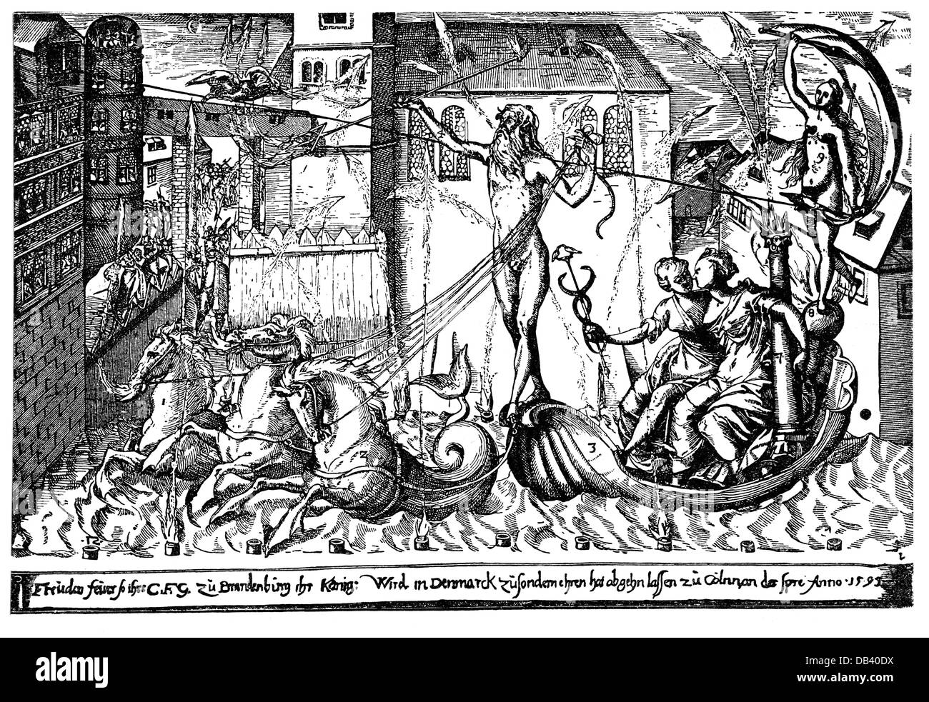 festivities, fireworks, fireworks to honour king Christian IV of Denmark, Grand Courtyard of the Residence, Berlin, 15.10.1595, after etching, from Jacob Francus, 'Historicae relationis continuatio', 1596, Additional-Rights-Clearences-Not Available Stock Photo