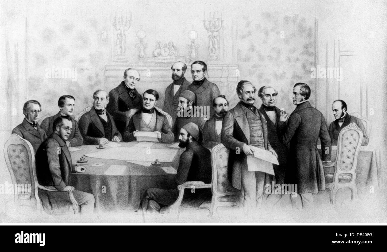 Crimean War 1853 - 1856,Parisian Congress 25.2.-30.3.1856,participants,group picture,after lithograph by Alophe,19th century,19th century,graphic,graphics,politics,policy,conference,conferences,diplomacy,diplomat,diplomatist,diplomats,diplomatists,negotiations,negotiate,negotiating,participant,participants,fltr: Count Karl Ferdinand Buol,Austrian foreign minister,Count Camillo Cavour,Sardinian foreign minister,Baron Alexander Hübner,Austrian ambassador,Lord George Clarendon,British foreign minister,Count Philipp Brunnow,Russian r,Additional-Rights-Clearences-Not Available Stock Photo
