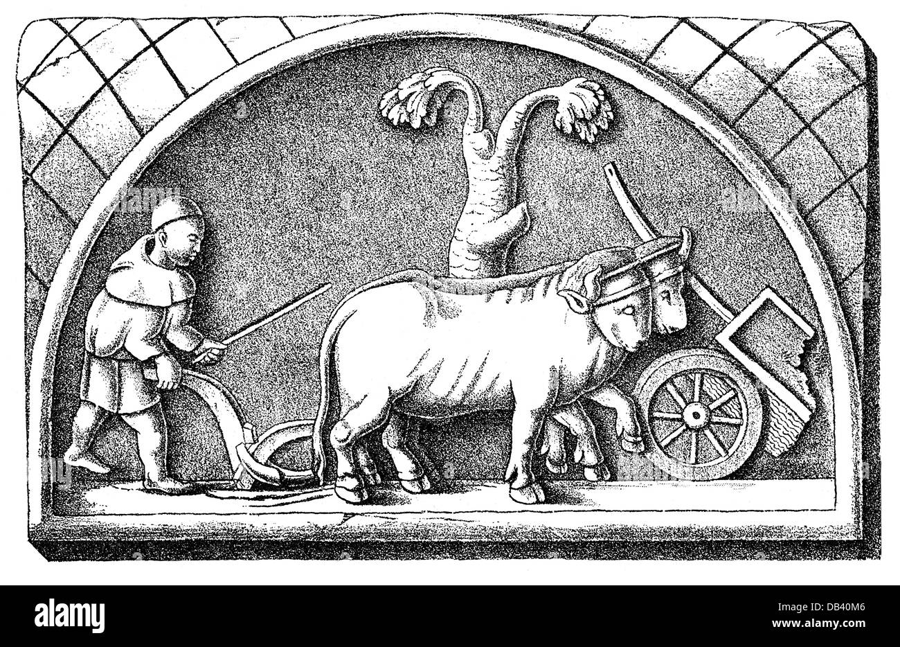 agriculture, agricultural work, plowing, Roman farmer with a wooden plough, relief, Arel (Arlon), Belgium, circa 200 AD, wood engraving, 19th century, ancient world, ancient times, Roman Empire, Romans, ploughs, plows, plough, plow, ploughing, plowing, working, people, man, men, animals, animal, ox, team, span of oxen, team of oxen, field, fields, cart, carts, late 2nd century, early 3rd century, agriculture, farming, agricultural work, farm labour, farm labor, farmer, farmers, historic, historical, ancient world, male, Additional-Rights-Clearences-Not Available Stock Photo