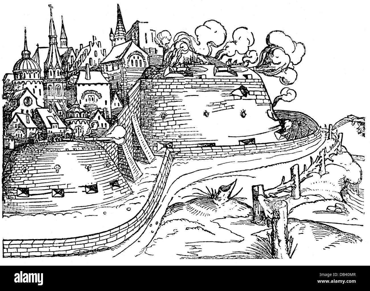 military, fortresses, defence of a fortified town, woodcut, circa 16th century, city, fortress, fortresses, military, siege, sieges, artillery, shooting, shoot, shot, firing, fire, defend, defending, historic, historical, Additional-Rights-Clearences-Not Available Stock Photo