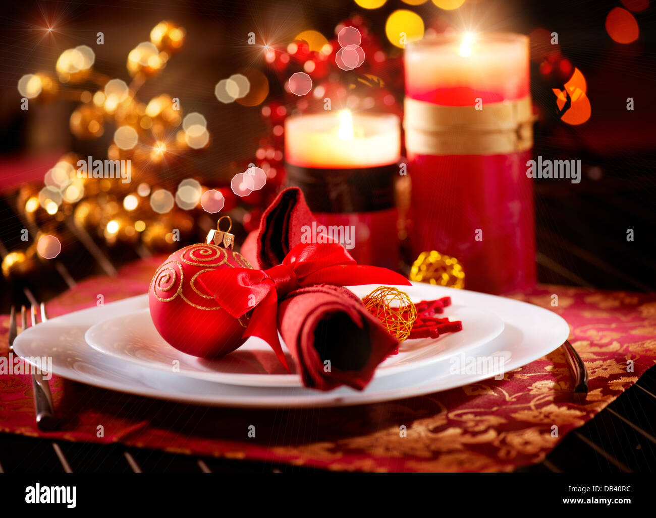 Christmas Table Setting. Holiday Decorations Stock Photo