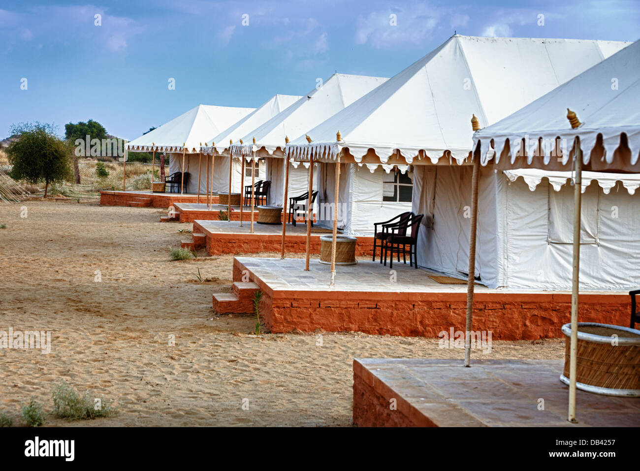 Large tents in the Indian desert - tourist camp Stock Photo