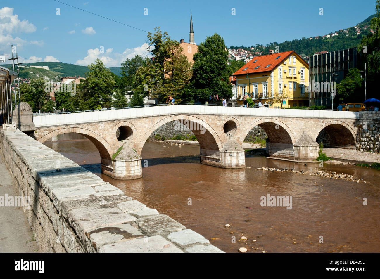 Latin Bridge on Miljacka River, place where was killed the Archduke Franz Ferdinand .Bosnia- Herzegovina. Balkans .Europe. Stock Photo