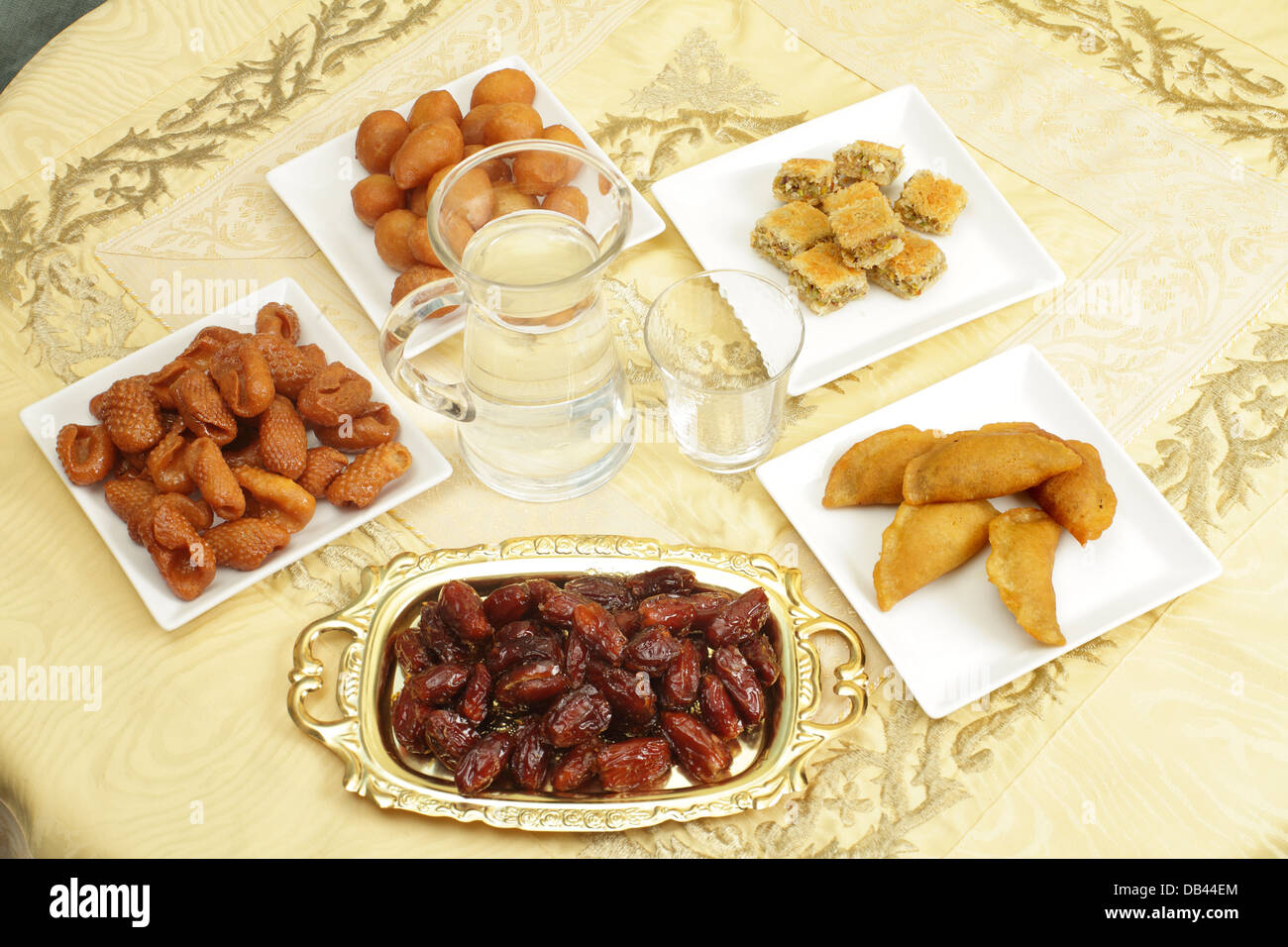 A table set for Iftar, the fast-breaking during the Muslim holy month of Ramadan, Stock Photo