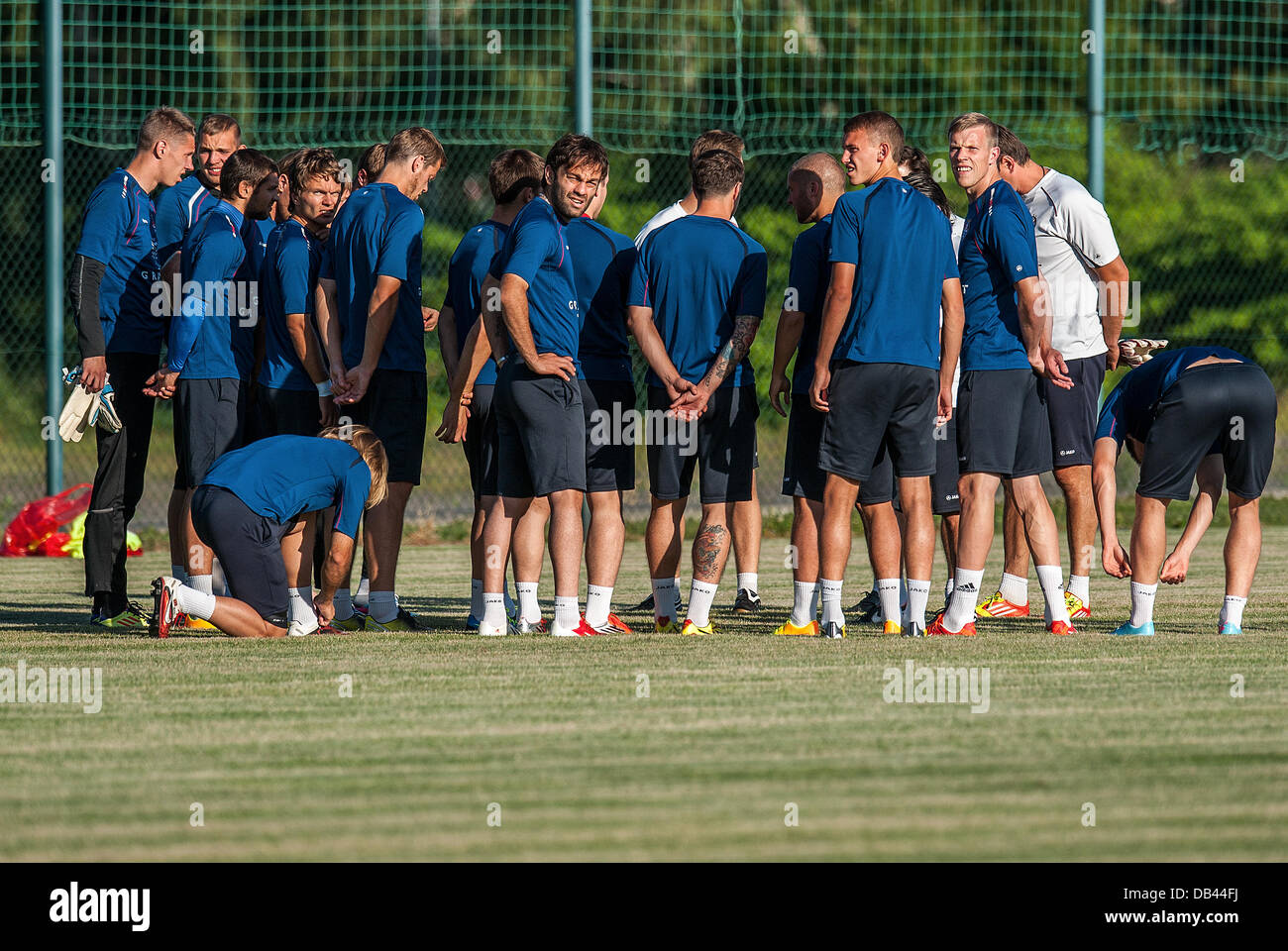 Players of Skonto Riga is seen during a training prior to the match of Europa League, 2nd preliminary round, Slovan Liberec vs Skonto Riga in Liberec, Czech Republic, July 23, 2013. (CTK Photo/Radek Petrasek) Stock Photo