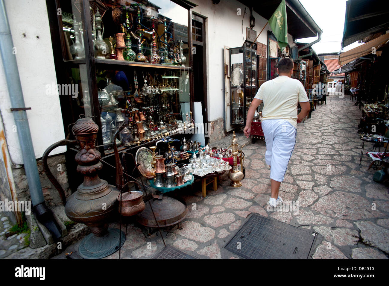 Brass coffee sets, jewelry, plates and pipes in Turkish quarter shops, Sarajevo.Bosnia- Herzegovina. Balkans .Europe. Stock Photo