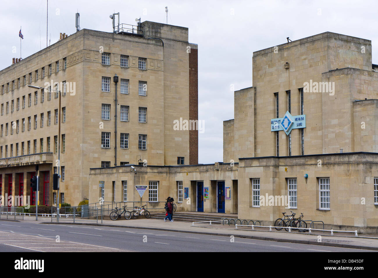 Art Deco buildings in Northampton, UK; swimming baths in the foreground, fire station to the rear. Stock Photo