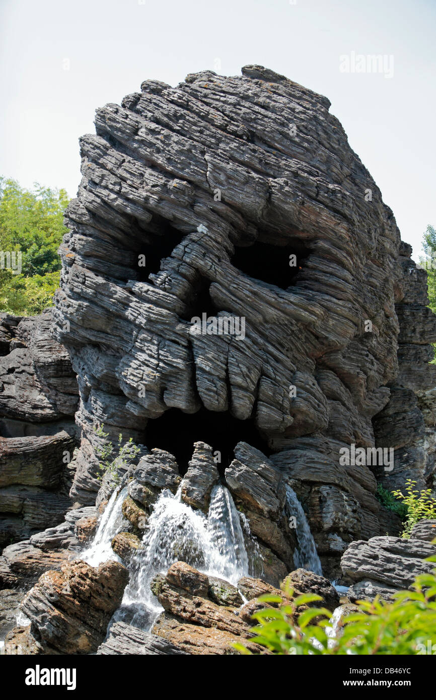 Creepy Skull Rock waterfall in Disneyland Paris, Marne-la-Vallée, near Paris, France. Stock Photo