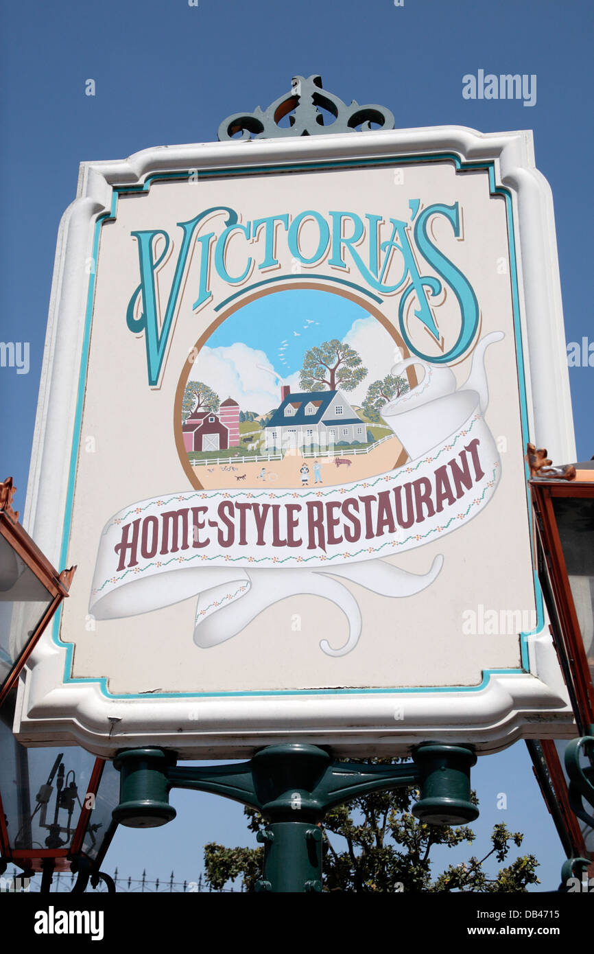 Sign for Victoria's home-style restaurant in Disneyland Paris, Marne-la-Vallée, near Paris, France. Stock Photo