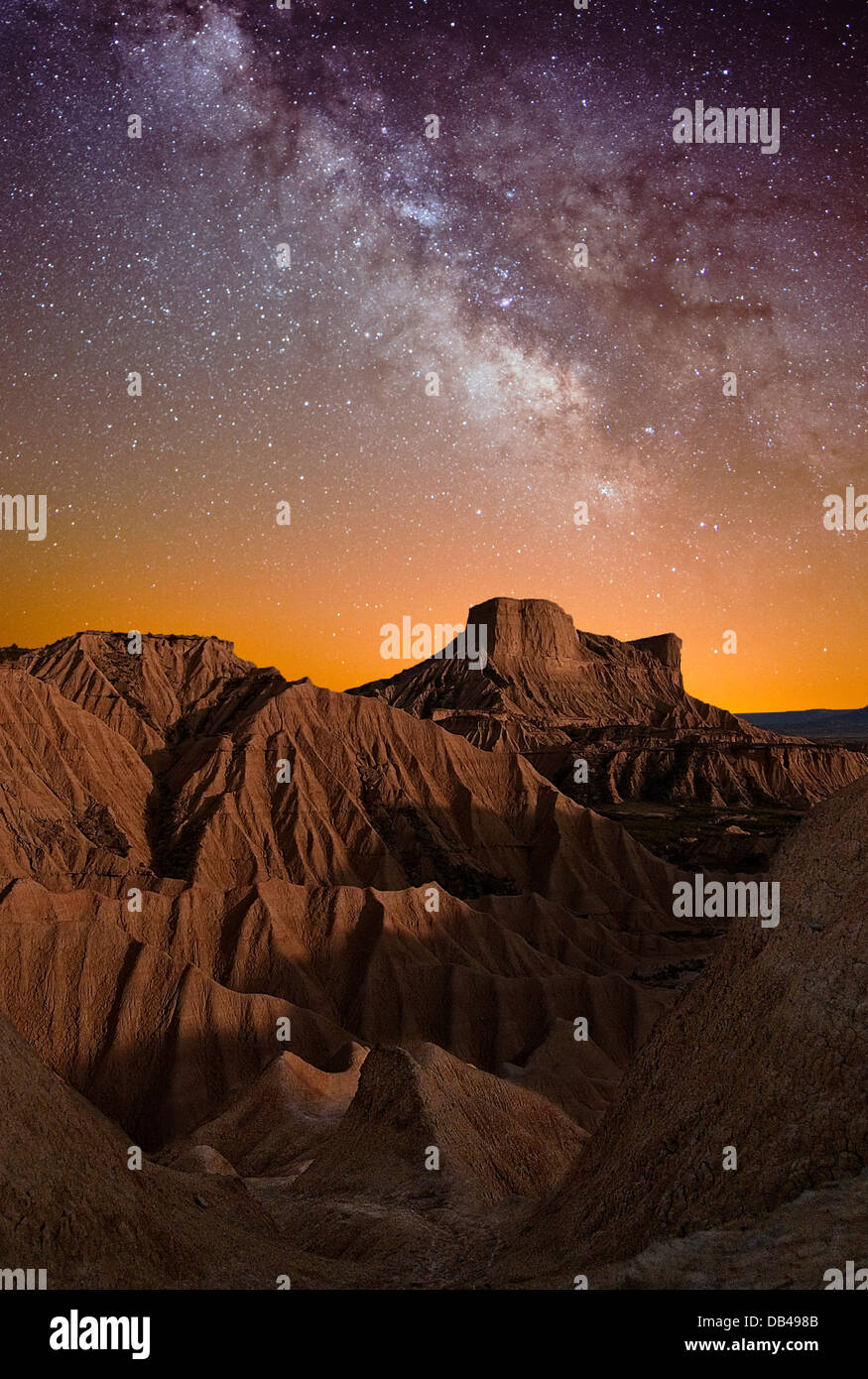 Milky Way over the desert of Bardenas, Spain Stock Photo
