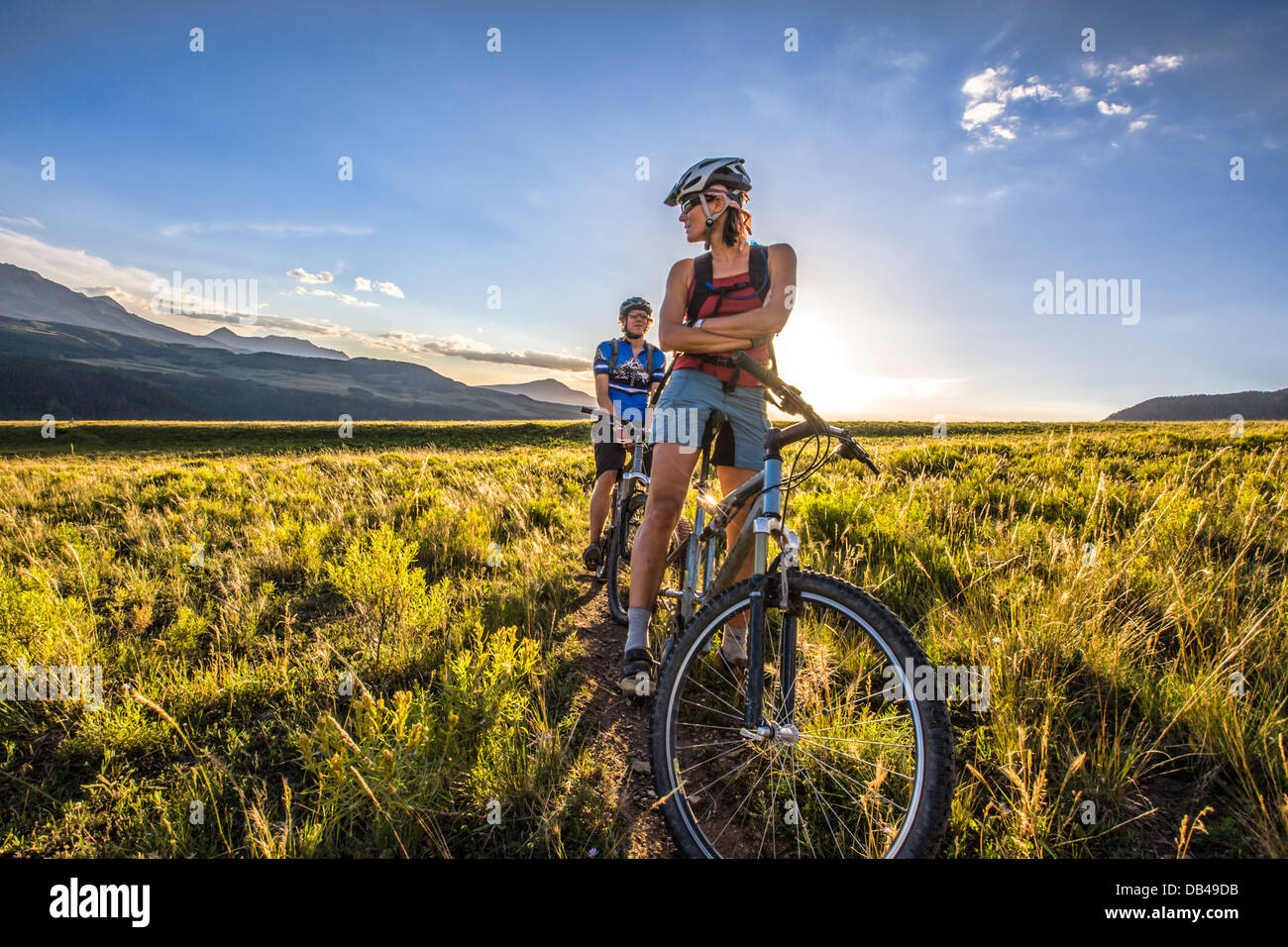 Hilaree O'Neill and Stuart Sundell-Norlin mountain biking in Telluride, Colorado. Stock Photo