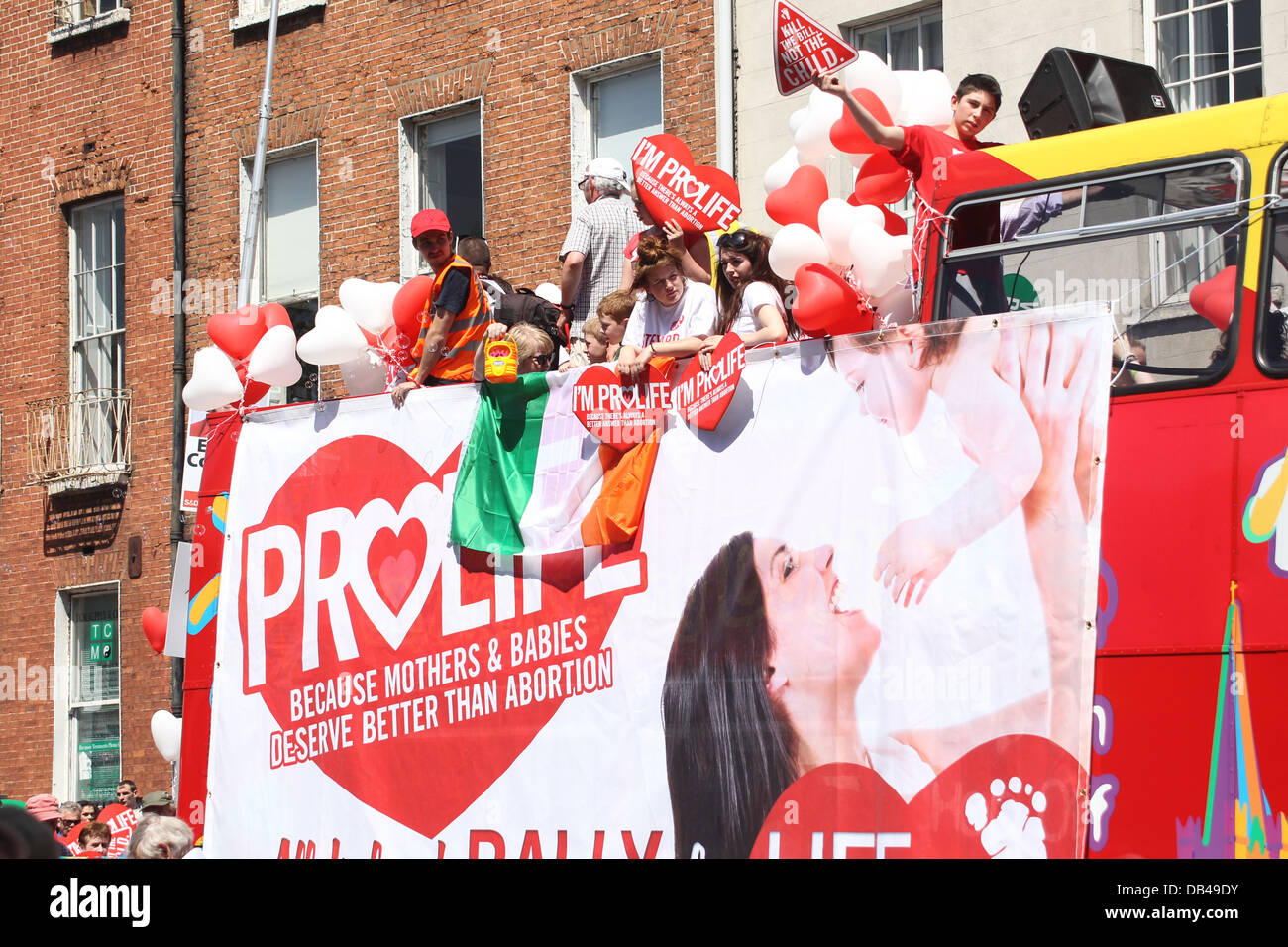 An open topped bus during the ProLife march in Dublin against Irish government attempts to