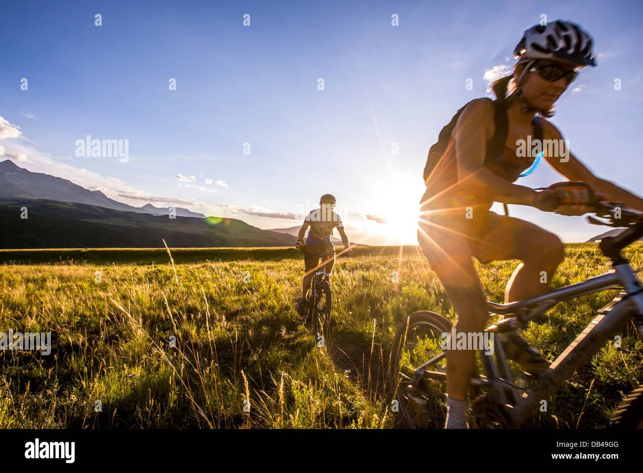 Hilaree O'Neill and Stuart Sundell-Norlin mountain biking in Telluride, Colorado. Stock Photo