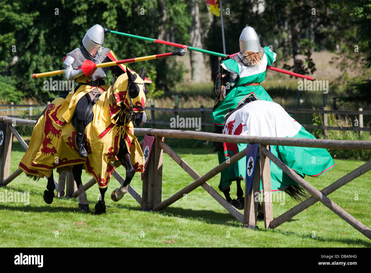 Knights Jousting at a Medieval re-enactment event at Castle Fraser, Scotland Stock Photo