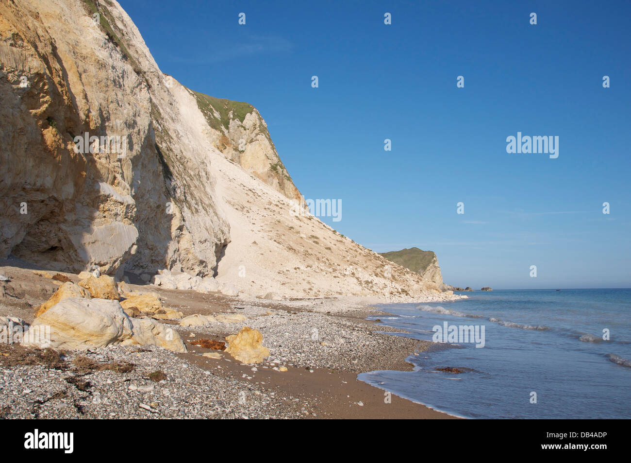 A huge scree of debris from a landslide which occurred when the cliff collapsed at St Oswald’s Bay on April 30th 2013. The Jurassic Coast, Dorset, UK. Stock Photo