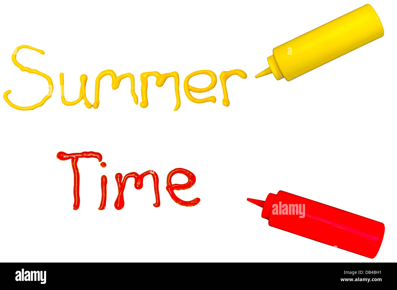Summer time. The words summer and time written in cursive with mustard and ketchup. Stock Photo