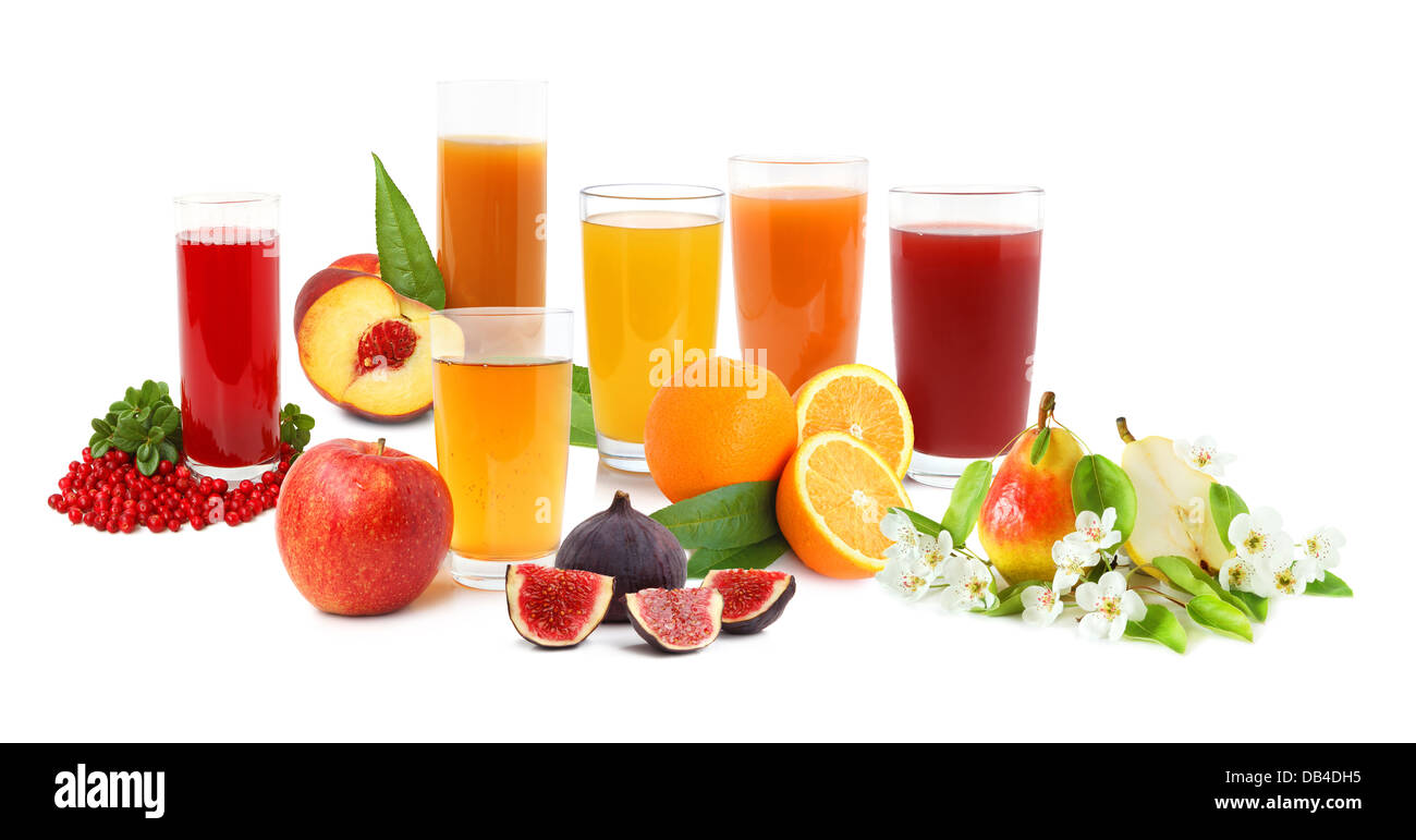 Big collection of fresh fruit drinks on white background Stock Photo
