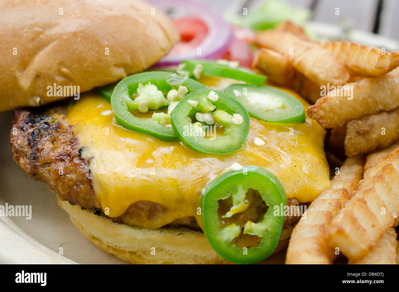 Delicious cheese burger and fries Stock Photo