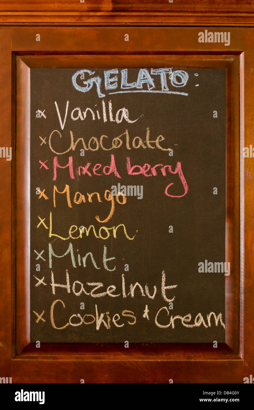 An elegant wood framed chalk board menu for Gelato Ice Cream. Gelato is