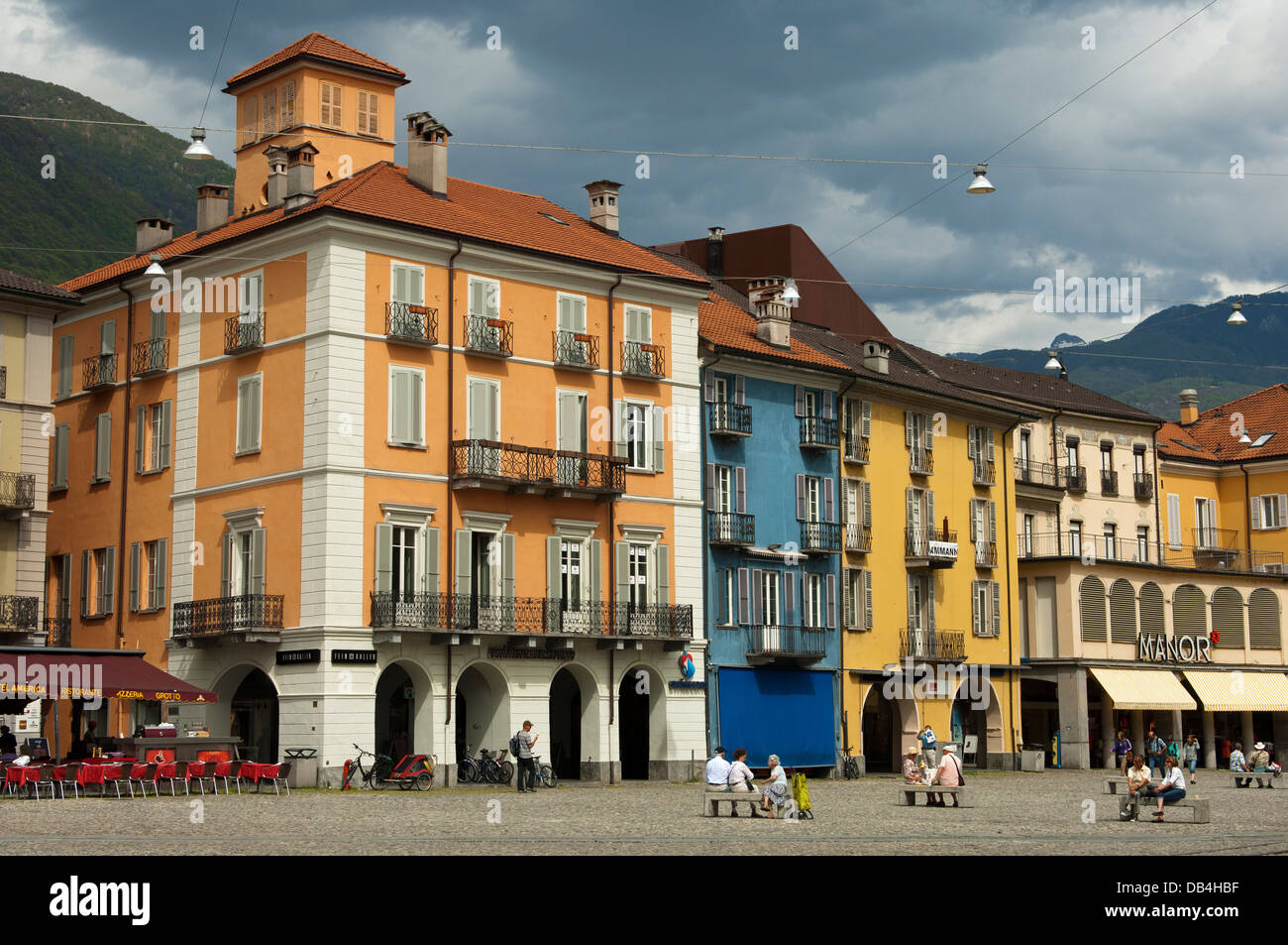 Colourful townhouses at the main square Piazza Grande, Locarno,Ticino, Switzerland Stock Photo
