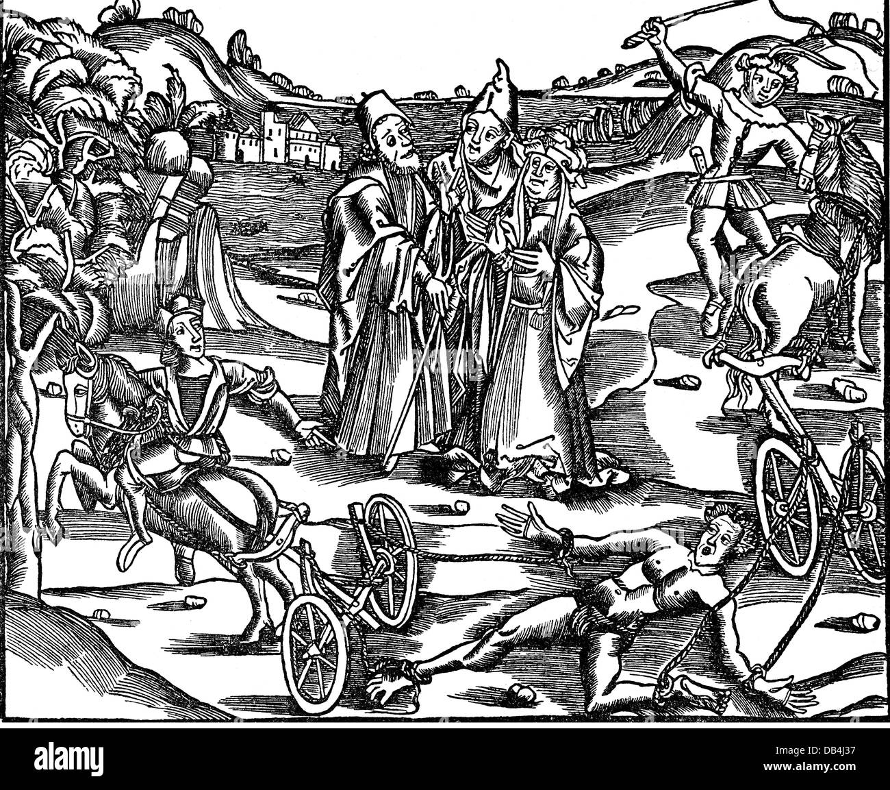 justice, penitentiary system, dismemberment, woodcut, from: Livy, Historiy of Rome, print: Johann Schöffer, Mainz, 1514, Additional-Rights-Clearences-Not Available Stock Photo