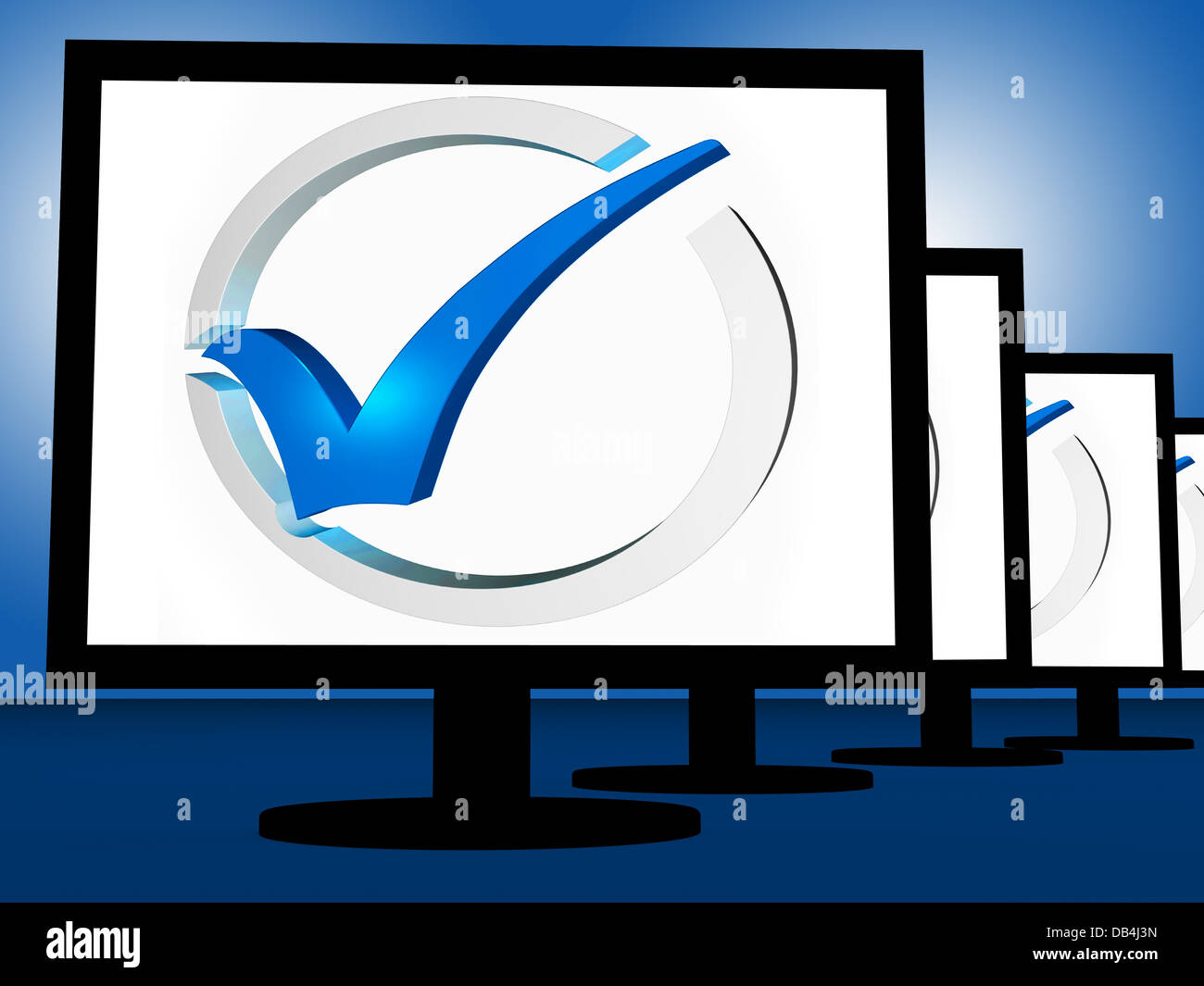 Check Mark On Monitors Shows User's Satisfaction Stock Photo