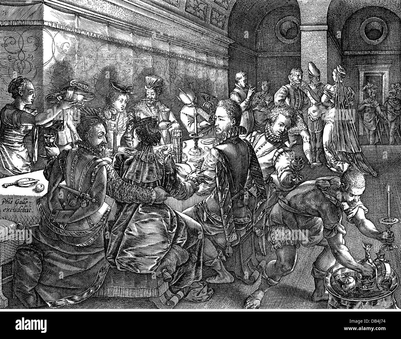 gastronomy, meals, Roman banquet, after Jan van der Straet (1523 - 1605), copper engraving, by Philipp Galle (1537 - 1612), 16th century, 16th century, graphic, graphics, Netherlands, food, meal, meals, half length, sitting, sit, table, tables, chairs, chair, fashion, clothes, outfit, outfits, hat, hats, collar, collars, doublet, jerkin, sleeve, sleeves, dress, dresses, glasses, drinking, drink, conversation, conversations, talks, talk, talking, servant, servants, manservant, menservants, carafe, decanter, decanters, pour, pouring, srve, serving, socie, Artist's Copyright has not to be cleared Stock Photo
