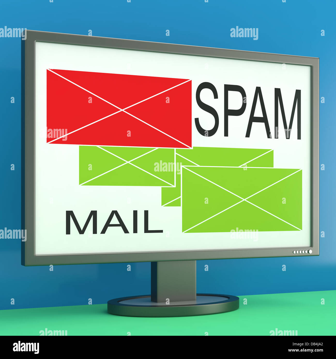 Spam And Mail Envelopes On Monitor Shows Online Security Stock Photo