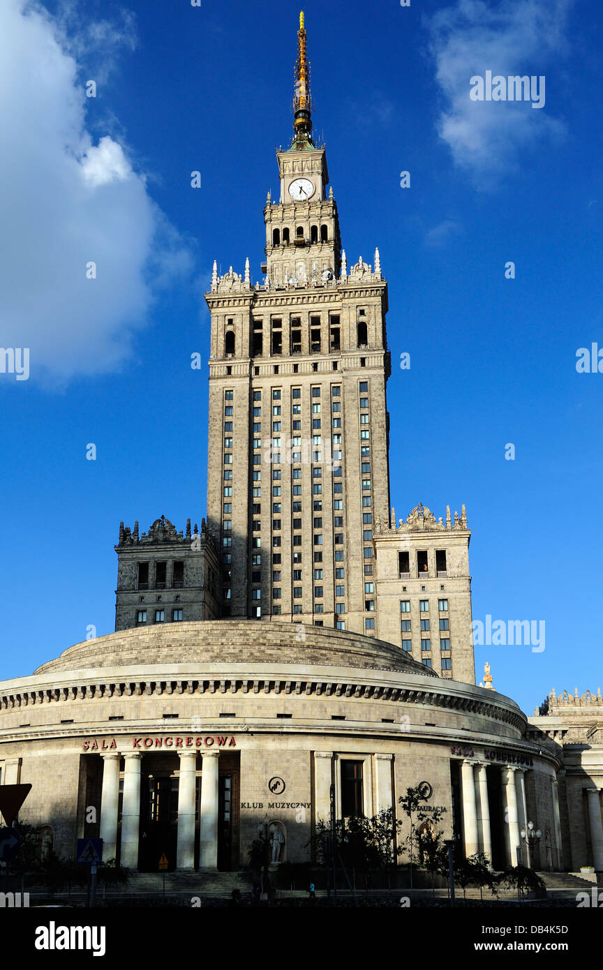 The Palace of Culture and Science, or Pałac Kultury i Nauki, (also abbreviated to PKiN)and Congress Hall in Warsaw, Poland. Stock Photo
