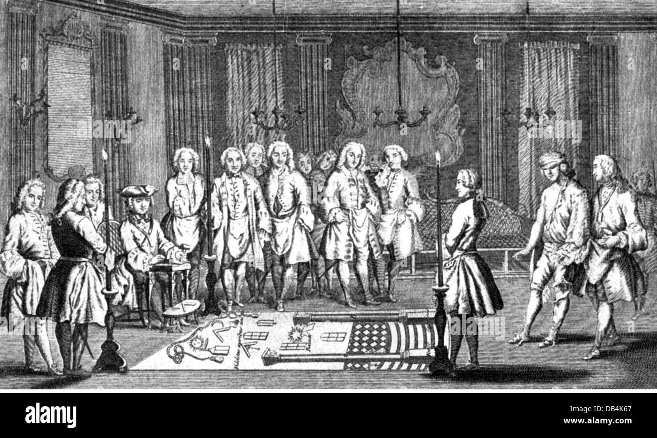 freemasonry, rituals, initiation of a apprentice in a lodge, copper engraving, 18th century, freemasons, ceremony, ceremonies, secret society, secret society, secret societies, Masonic lodge, lodges, people, historic, historical, Artist's Copyright has not to be cleared Stock Photo